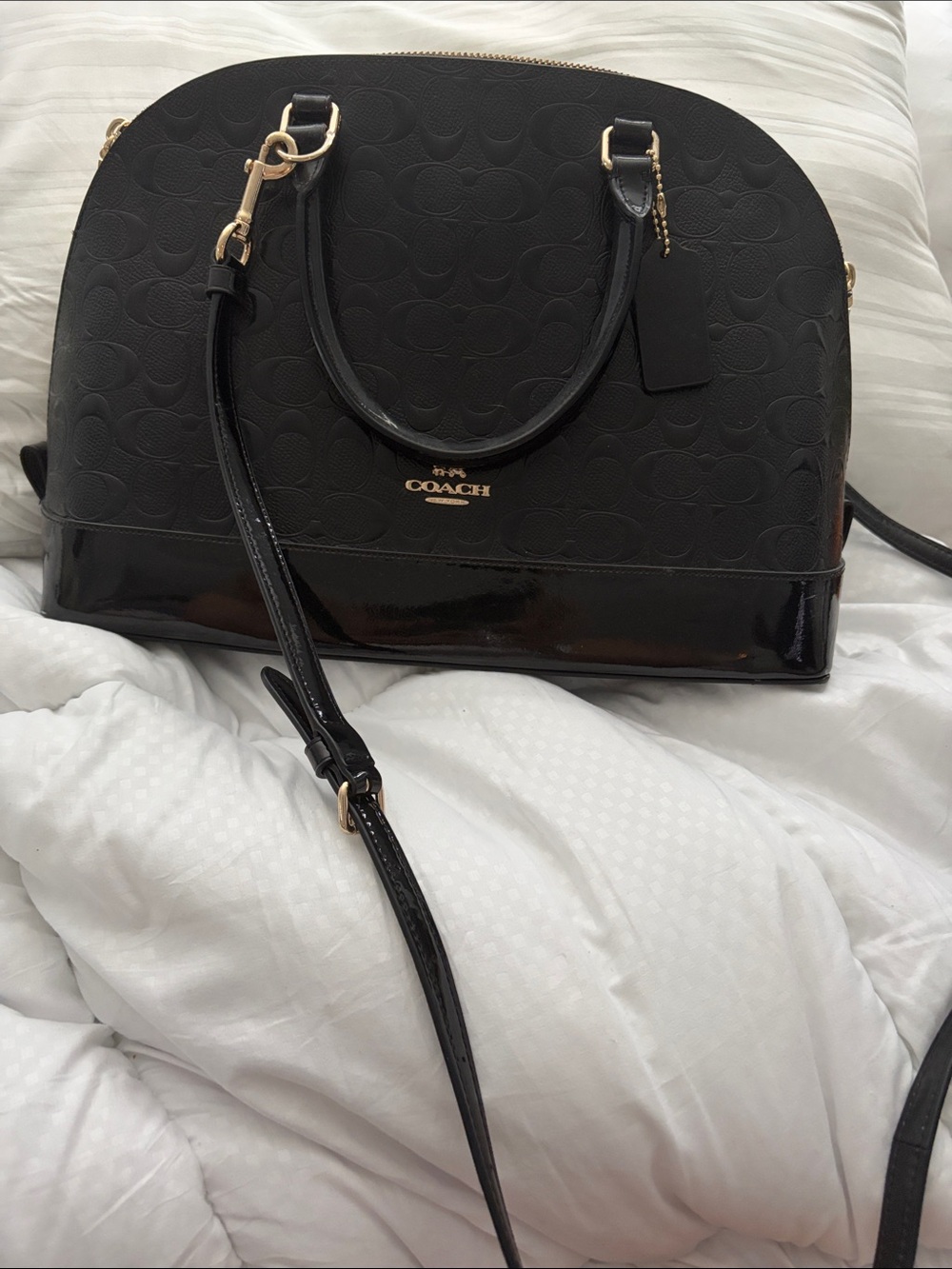 Coach Black Embossed Dome Satchel with Patent Trim